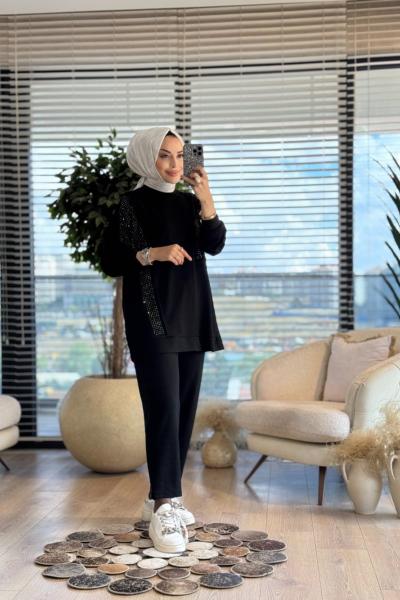 10568 Yanları Taş Baskılı Takım Siyah