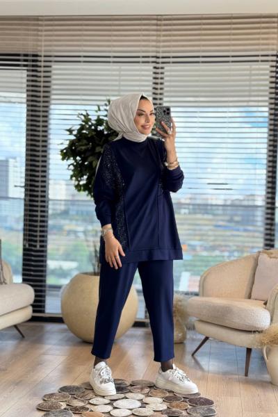 10568 Yanları Taş Baskılı Takım Lacivert