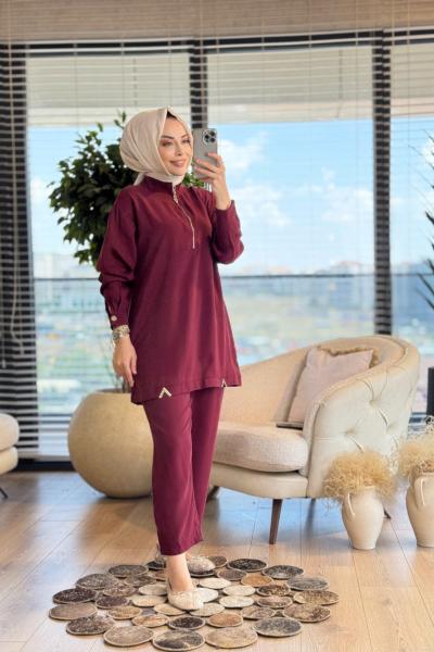 10677-1 Pat Fermuarlı Etek Ucu V Metalli Takım Bordo