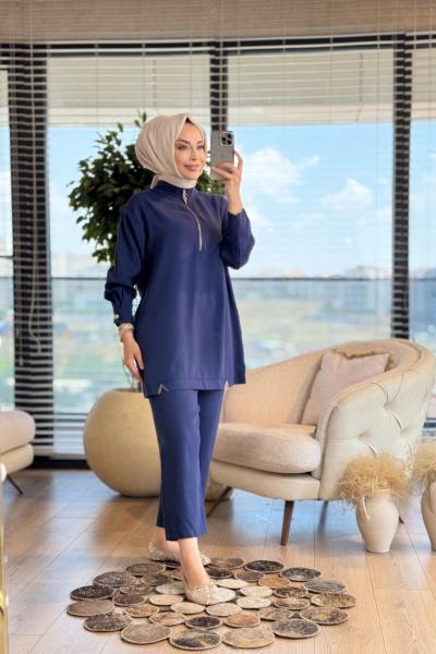 10677-1 Pat Fermuarlı Etek Ucu V Metalli Takım Lacivert