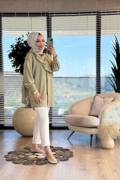 10689 Yakası Şal Parçalı Gömlek Çağla