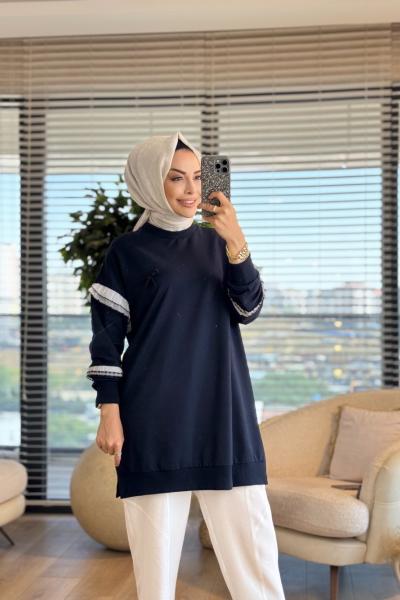 10718 Kolları Fırfır Detaylı Tunik Lacivert