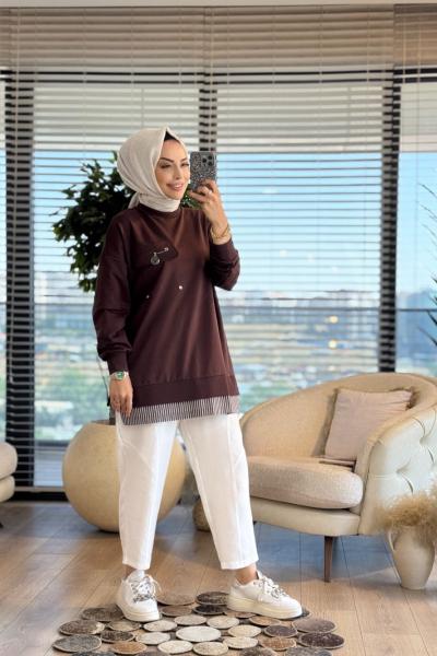 10720 Etek Ucu Çizgi Parçalı Tunik Kahve