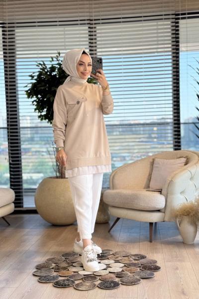 10720 Etek Ucu Çizgi Parçalı Tunik Bej