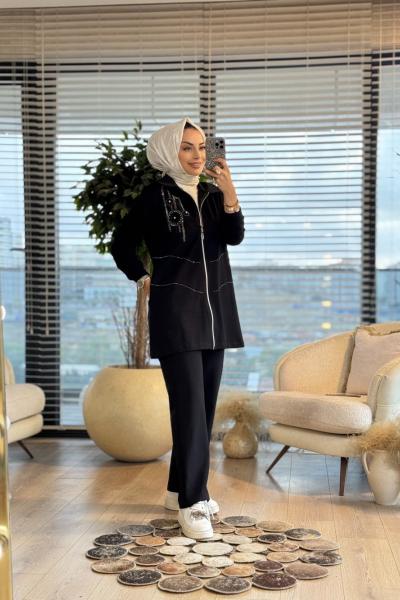 10727 Taş Arma Baskılı Üçlü Takım Siyah