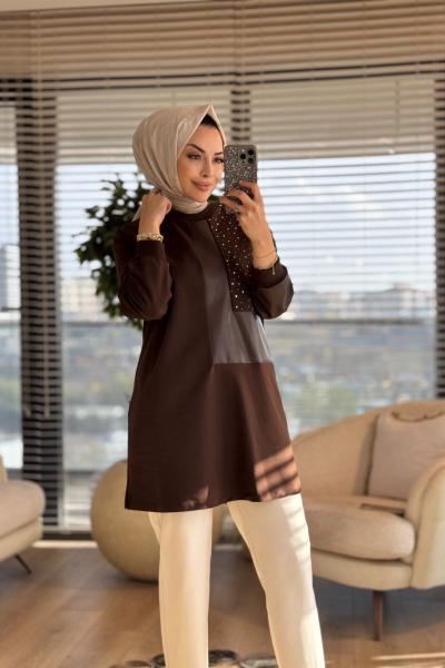 10738 Sağ Taraf Taş Baskılı Ve Derili Tunik Kahve