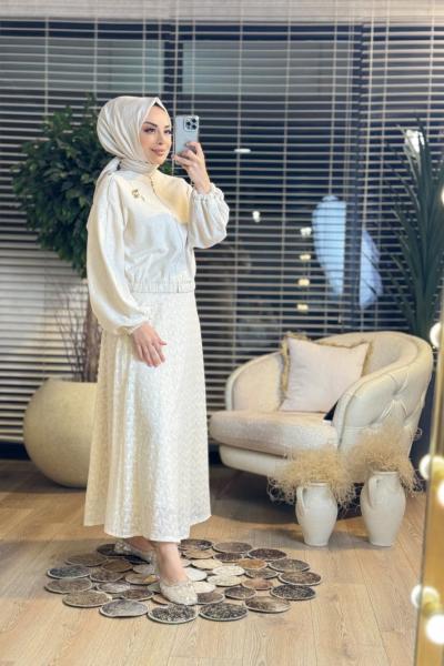 10756 Eteği Ve Kolları Dantelli Takım Bej