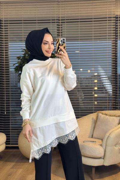10766 Etek Ucu Dantelli Tunik Ekru
