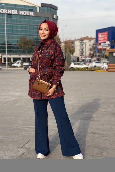 10835 Kendinden Çiçek Desenli Ceket Bordo