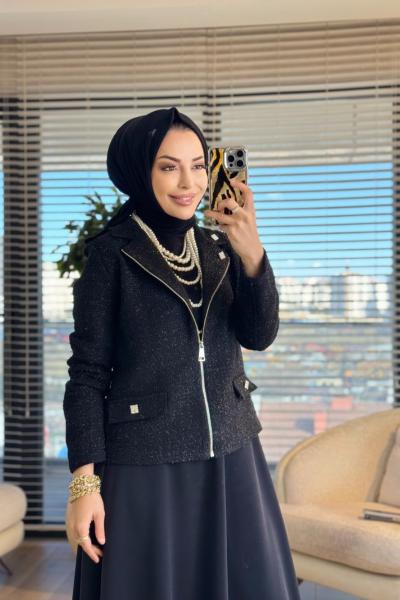 11157 Üstü Sim Fermuarlı Ceketli Takım Siyah