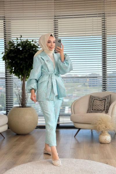 1172 Kolları Lastikli Damarlı Takım Turkuaz