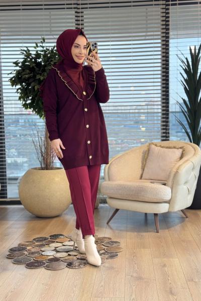 123 Yaka Kenarı Fırfır Detaylı V Yaka Hırka Bordo
