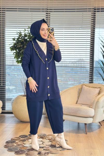 123 Yaka Kenarı Fırfır Detaylı V Yaka Hırka Lacivert