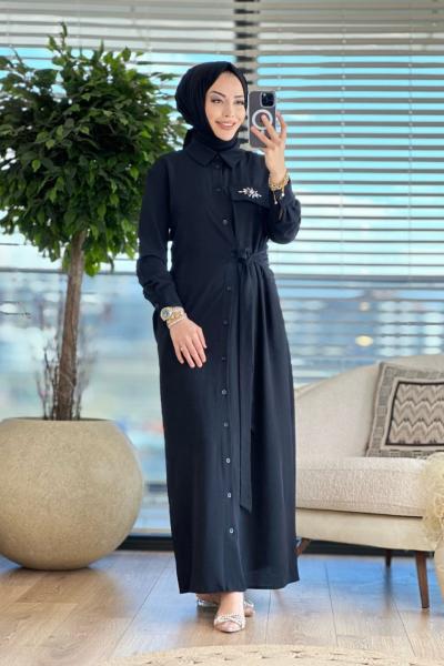 12504 Yand.Bağlamalı Cep Kapağı Taş İşlemeli Elbise Siyah