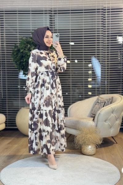 12601 Şifon Üstü Desenli Elbise Bej Haki