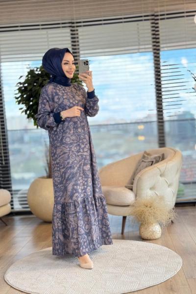 12604 Desenli Yaka Manşet Ribanalı Elbise Lacivert