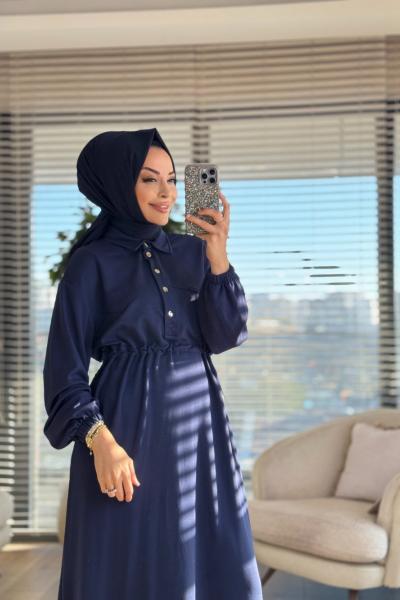 12655 Patı Çıtçıtlı Beli Büzgülü Elbise Lacivert