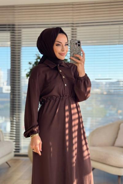 12655 Patı Çıtçıtlı Beli Büzgülü Elbise Kahve