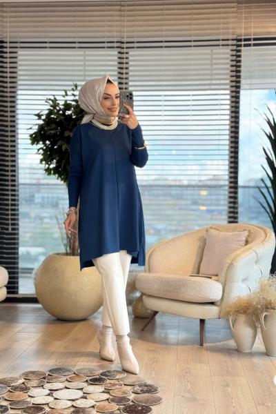 127 Kolları Lastik Örgü Triko Tunik Lacivert