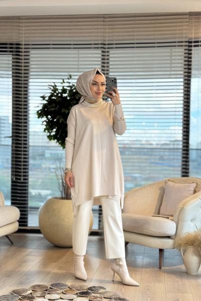 127 Kolları Lastik Örgü Triko Tunik Bej