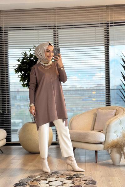 127 Kolları Lastik Örgü Triko Tunik Vizon