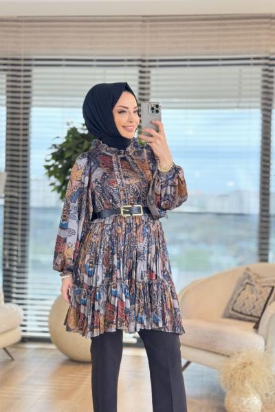 1296 Saten Desenli Ön Fırfırlı Tunik Antrasit