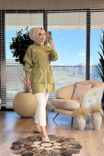 1298 Roba Parça Üstü Kuş Broş İşli Kap Yağ Yeşili