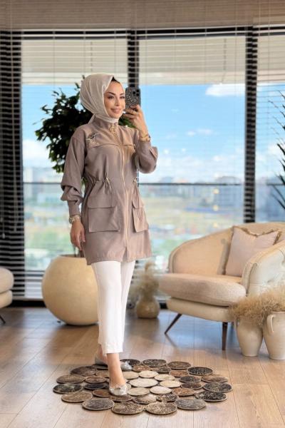 1298 Roba Parça Üstü Kuş Broş İşli Kap Vizon