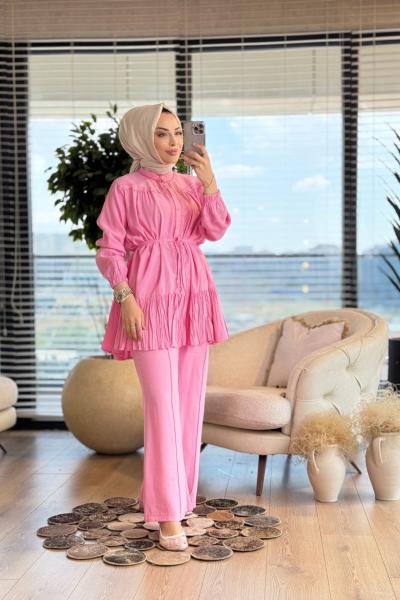 1309 Ön Sutaşı Etek Ucu Kırışık Takım Pembe