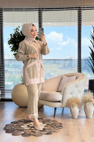 1316 Renkli Kol Ve Paçası Manşetli Takım Haki