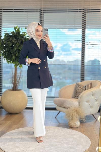 14-1152 Manşeti Desenli Ceket Siyah