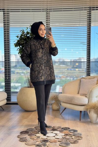 14-1161 Kabartma Desen Fermuarlı Ceket Vizon