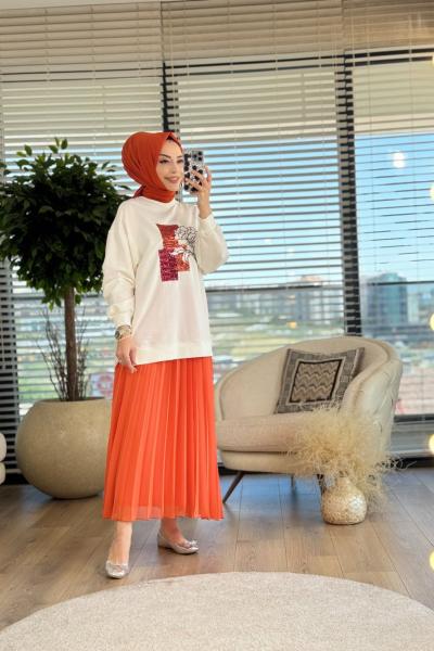 140035 Ön Payetli Şifon Etek Takım Oranj