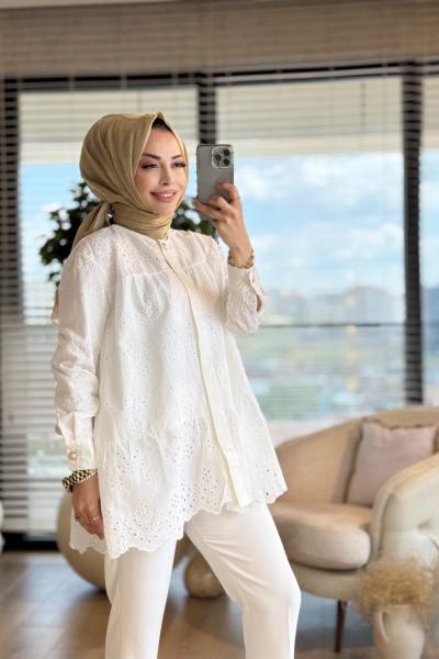 1424 Fisto Katlı Tunik Ekru