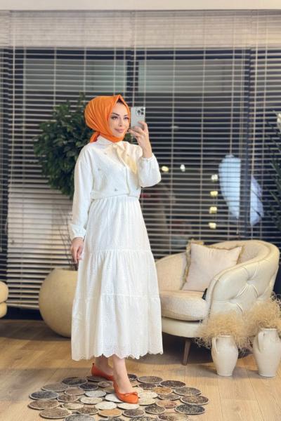 1427 Brode Taşlı Etekli Takım Ekru