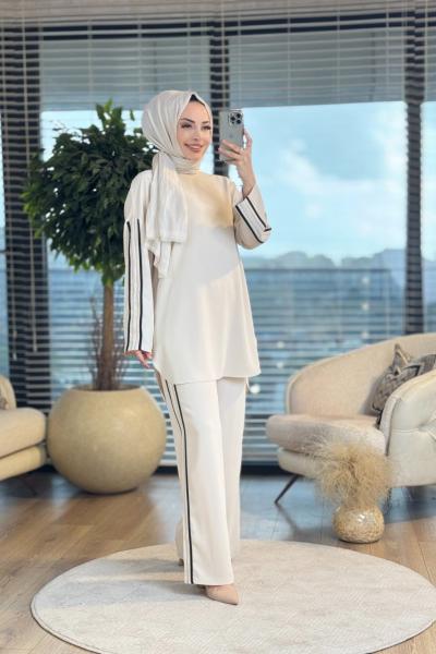 14318 Kol Ve Pantolon Yanı Şeritli Takım Bej