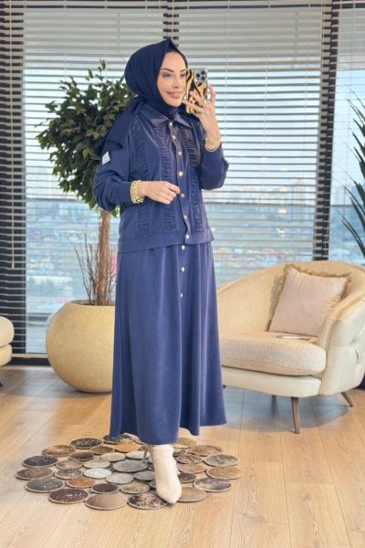 1438 Ön Büzgülü Etekli Takım İndigo