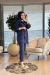 14452 Kolu Gofre Kumaş Arka Düğmeli Takım Lacivert