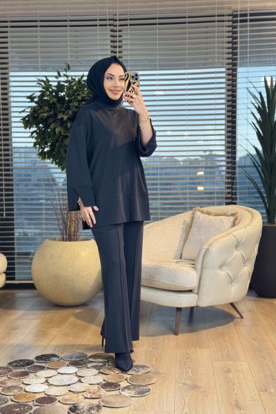 14457 Etek Ucu Parça Yırtmaçlı Takım Siyah