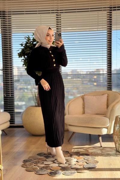 14502 Gold Düğmeli Triko Elbise 2li Takım Siyah