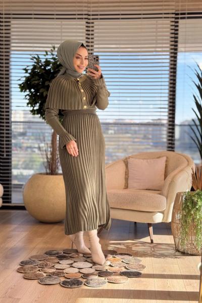 14502 Gold Düğmeli Triko Elbise 2li Takım Haki