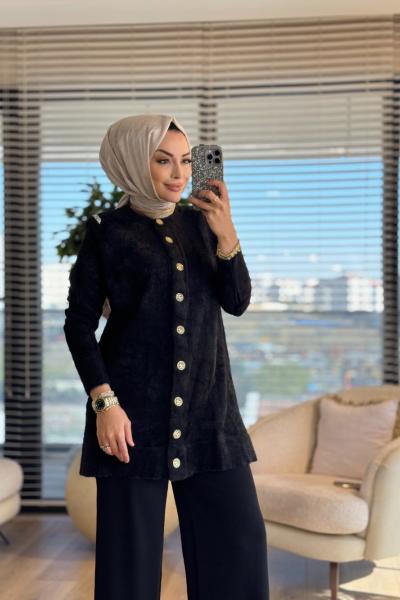 145402 Angora Omuzu Şık Taşlı Hırka Siyah