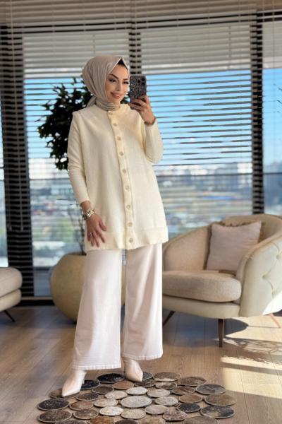 145402 Angora Omuzu Şık Taşlı Hırka Ekru