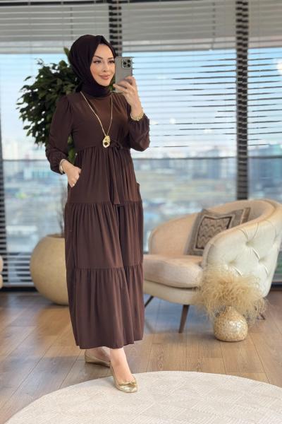 1471 Üç Boğumlu Kemerli Elbise Kahve