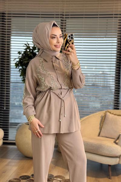 1490 Ön Kolu Boncuk İşlemeli Takım Bej