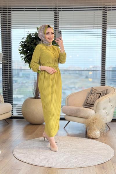 1505 Piliseli Kemerli Elbise Yağ Yeşili