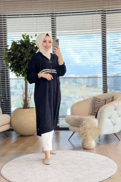 15199 Ön İki Sıra Çizgili Fermuarlı Kapş.Kap Siyah