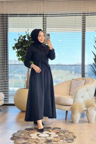 1528 Roba 2 Cepli Önden Düğmeli Kot Elbise Siyah