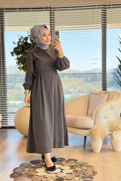 1529 Beli Kemerli Tencel Elbise Antrasit