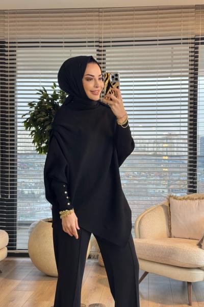 161 Asimetrik Omzu Drapeli Triko Tunik Siyah